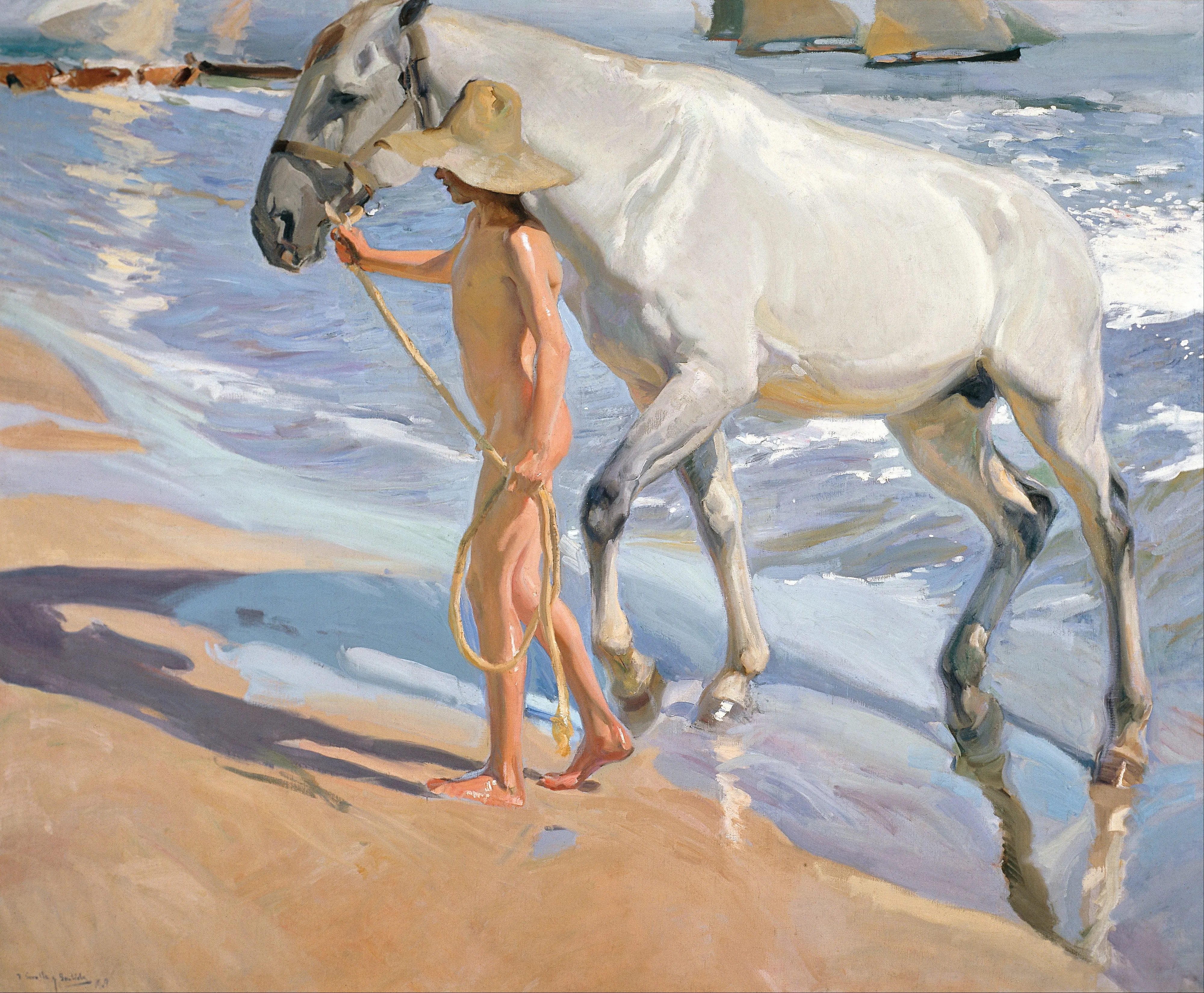 A tanned boy wades a white horse into the shallow sea, sunlight glancing off the animal's wet flank and the turquoise water swirling around them.